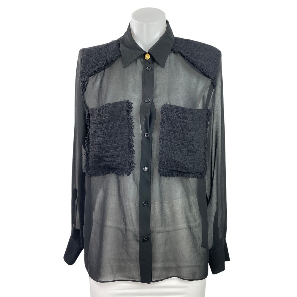 Zara Women's Black Mesh Sheer Pocket Long Sleeve Button Down Shirt Top Size S